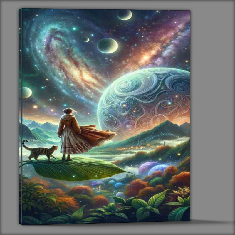 Buy Canvas : (An enchanting scene Cat and a woman in a rustic dress)