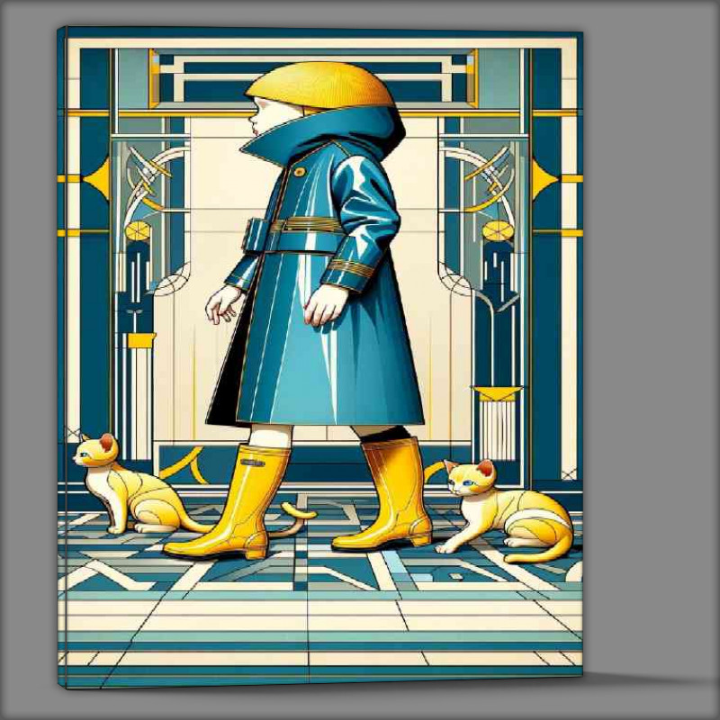 Buy Canvas : (Art Deco capturing a child in a blue raincoat and yellow boots)