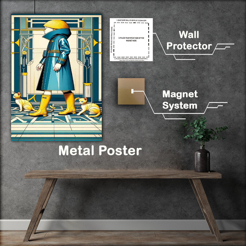 Buy Metal Poster : (Art Deco capturing a child in a blue raincoat and yellow boots)