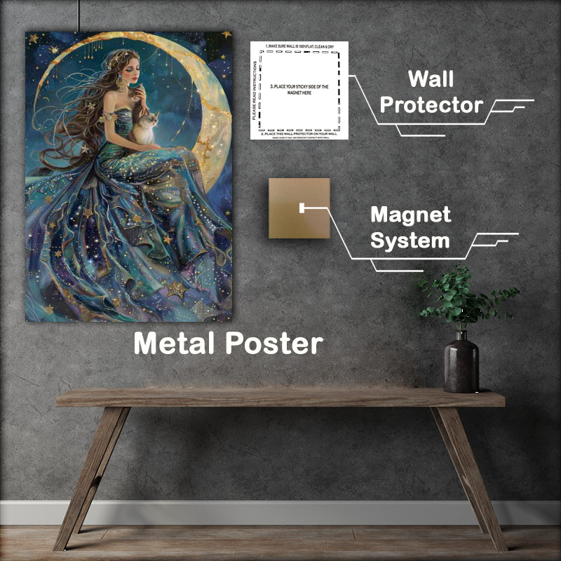 Buy Metal Poster : (Beautiful goddess sits on the moon with cat)