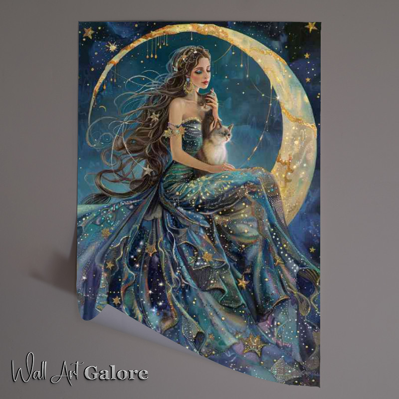 Buy Unframed Poster : (Beautiful goddess sits on the moon with cat)