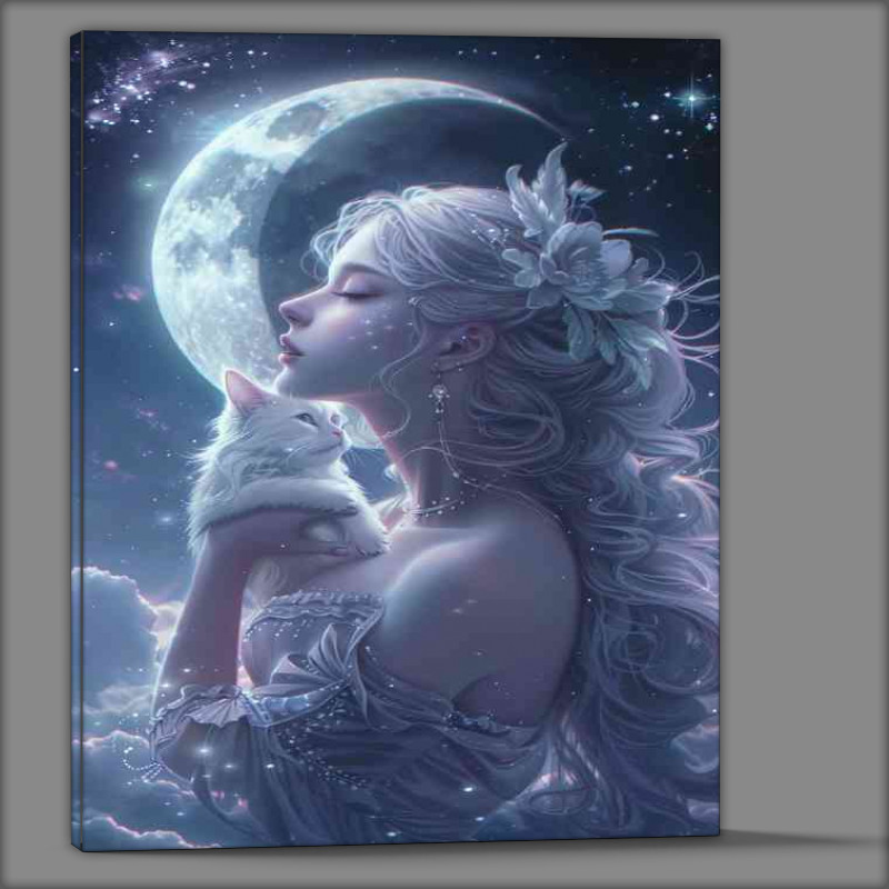 Buy Canvas : (Beautiful woman white cat in the moon star purple tones)