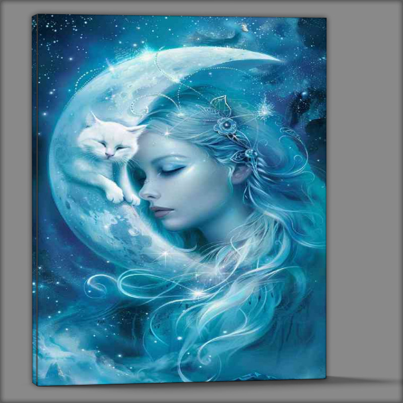 Buy Canvas : (Beautiful woman with a white cat in the moon stars)