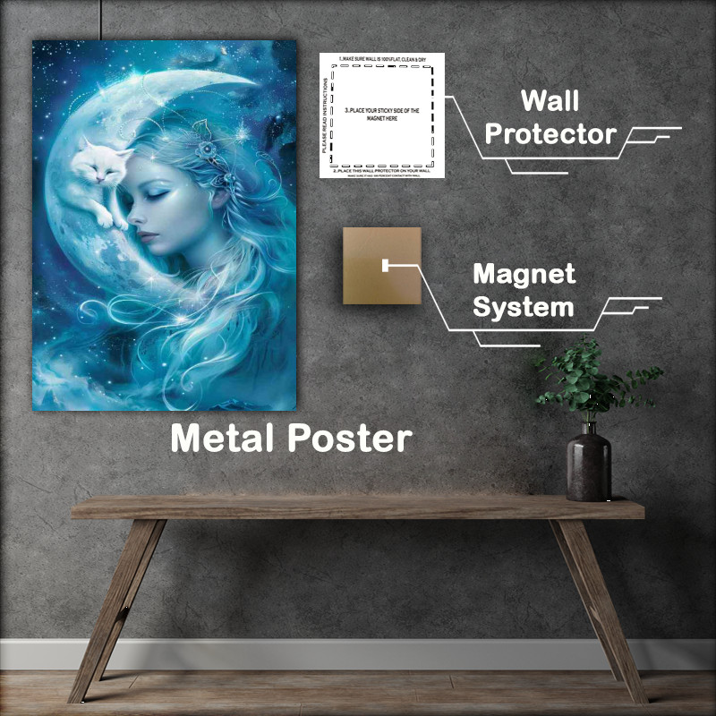 Buy Metal Poster : (Beautiful woman with a white cat in the moon stars)