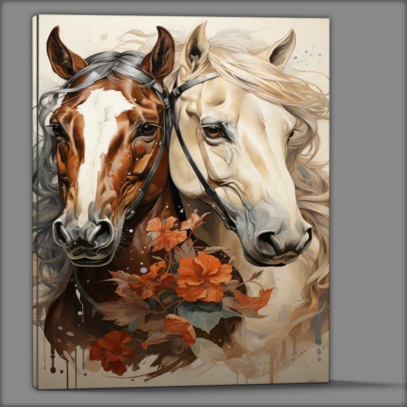 Buy Canvas : (Brown and white Horses with flowers)