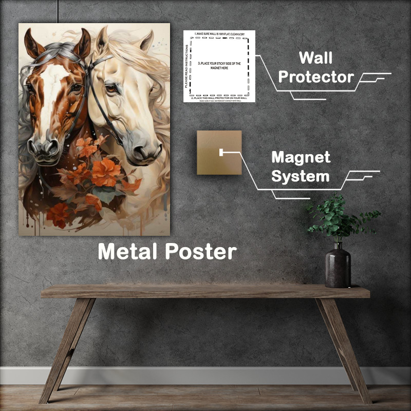 Buy Metal Poster : (Brown and white Horses with flowers)