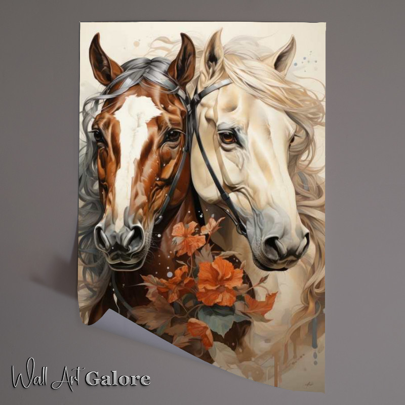 Buy Unframed Poster : (Brown and white Horses with flowers)