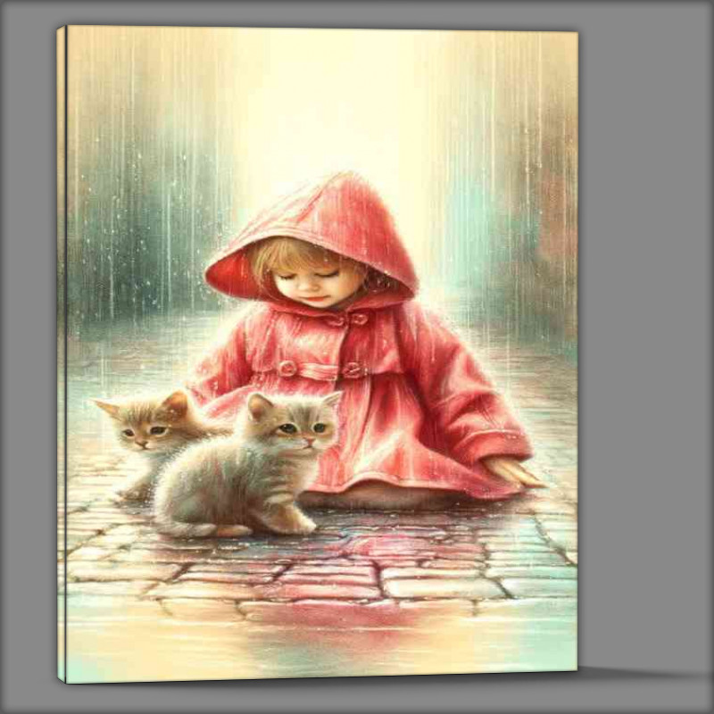 Buy Canvas : (Capturing a child in a red raincoat and kittens)