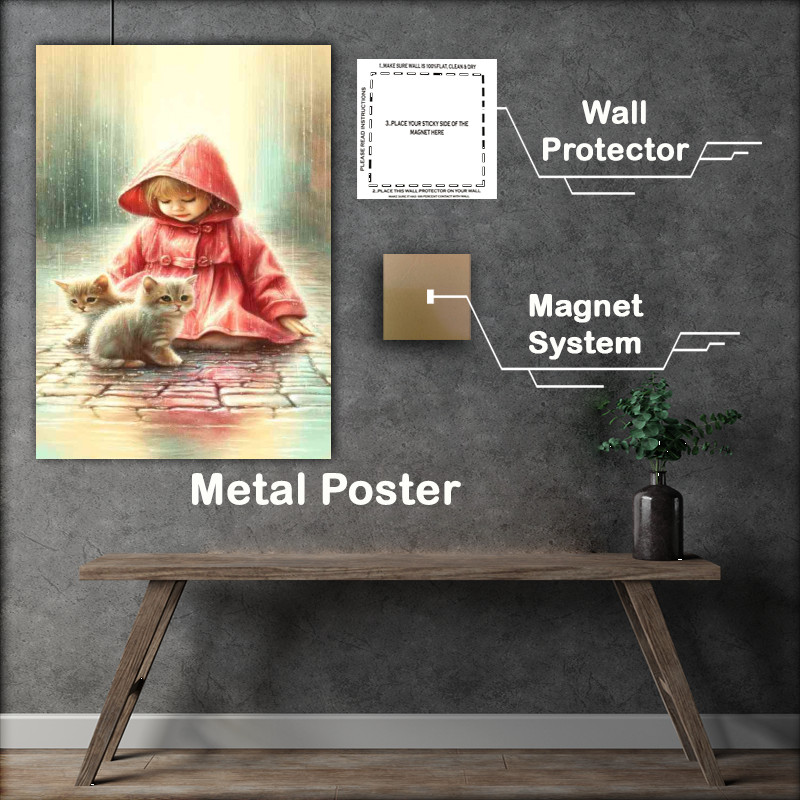 Buy Metal Poster : (Capturing a child in a red raincoat and kittens)