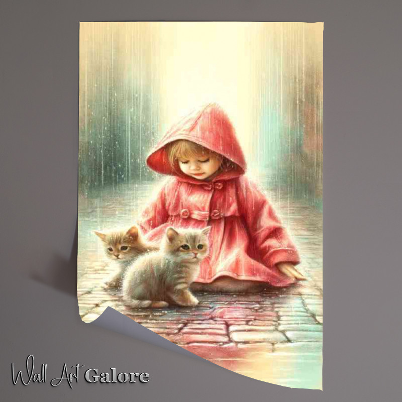 Buy Unframed Poster : (Capturing a child in a red raincoat and kittens)