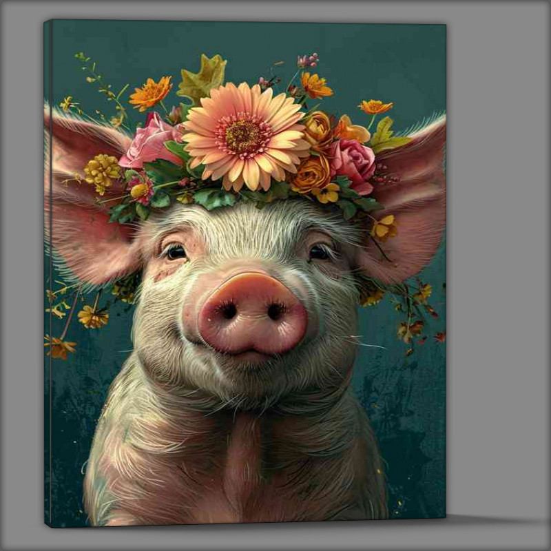 Buy Canvas : (Cartoon pig is wearing a flower and green background)