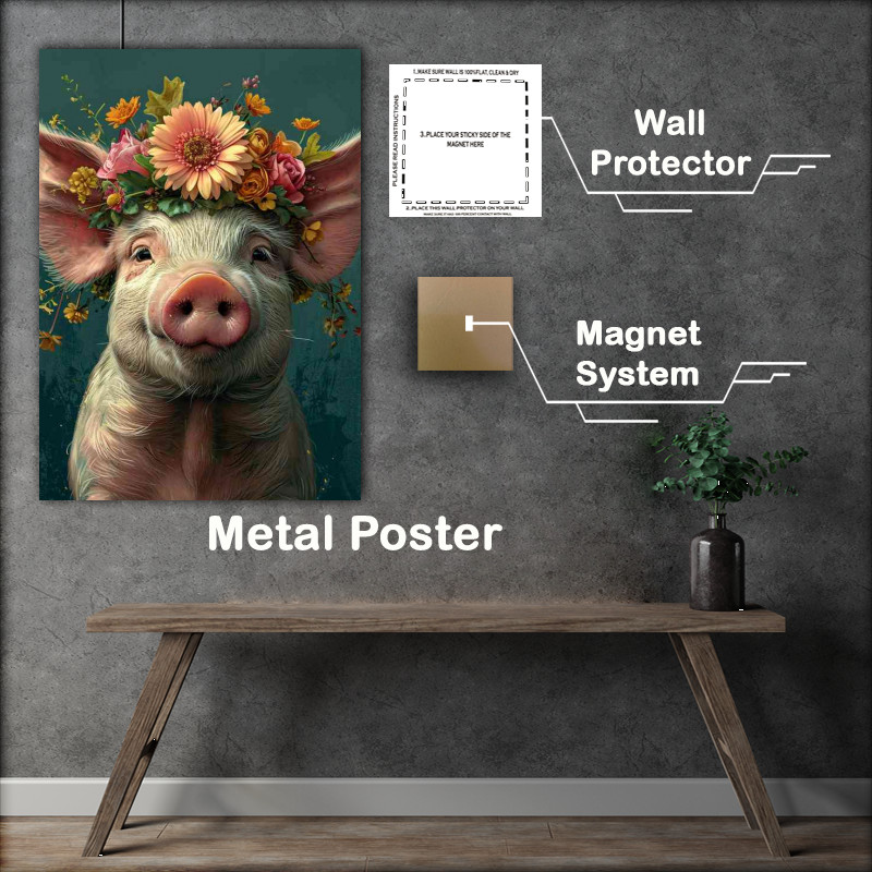 Buy Metal Poster : (Cartoon pig is wearing a flower and green background)