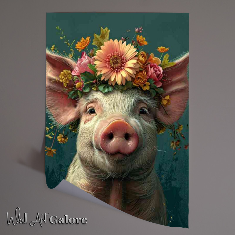Buy Unframed Poster : (Cartoon pig is wearing a flower and green background)