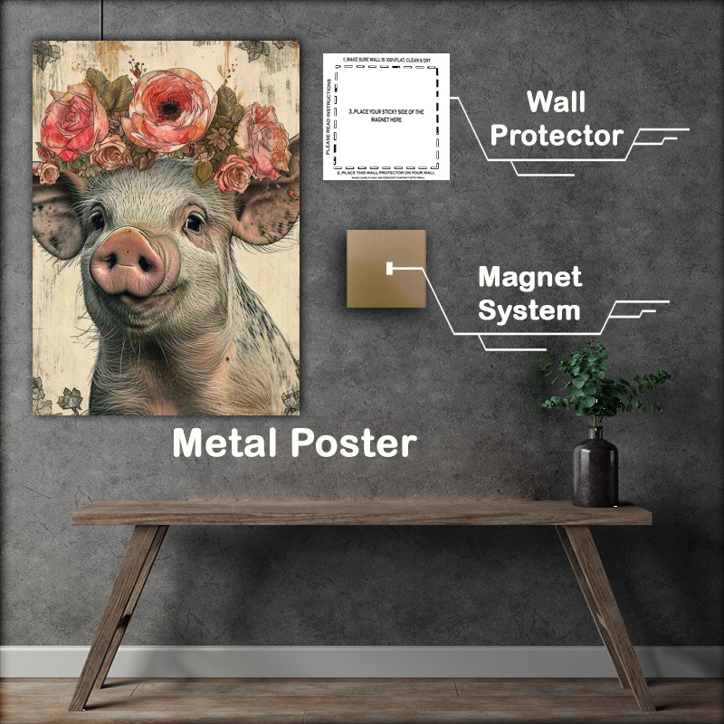 Buy Metal Poster : (Cartoon pig is wearing a flower crown)
