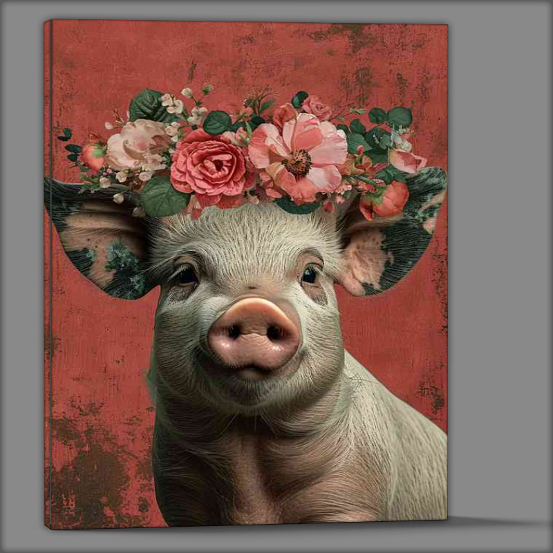 Buy Canvas : (Cartoon pig is wearing a flower crown and red background)