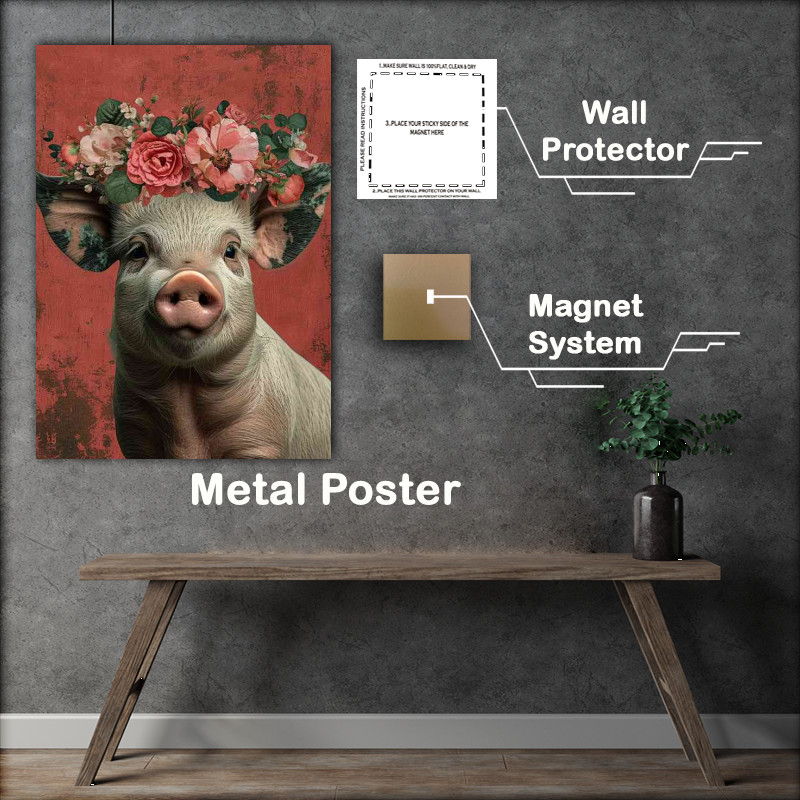 Buy Metal Poster : (Cartoon pig is wearing a flower crown and red background)
