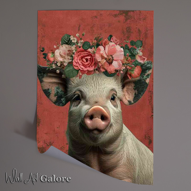 Buy Unframed Poster : (Cartoon pig is wearing a flower crown and red background)