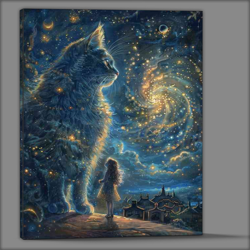 Buy Canvas : (Cat with stars in the sky and girl)