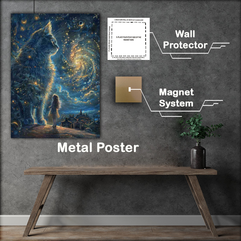Buy Metal Poster : (Cat with stars in the sky and girl)