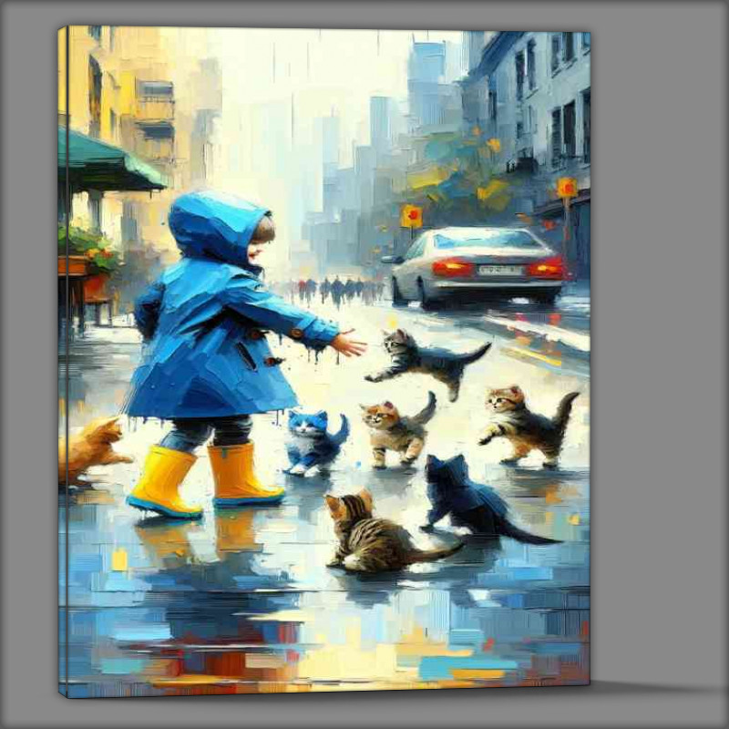 Buy Canvas : (Child in a blue raincoat and bright yellow boots playful kittens)