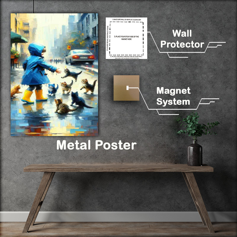 Buy Metal Poster : (Child in a blue raincoat and bright yellow boots playful kittens)