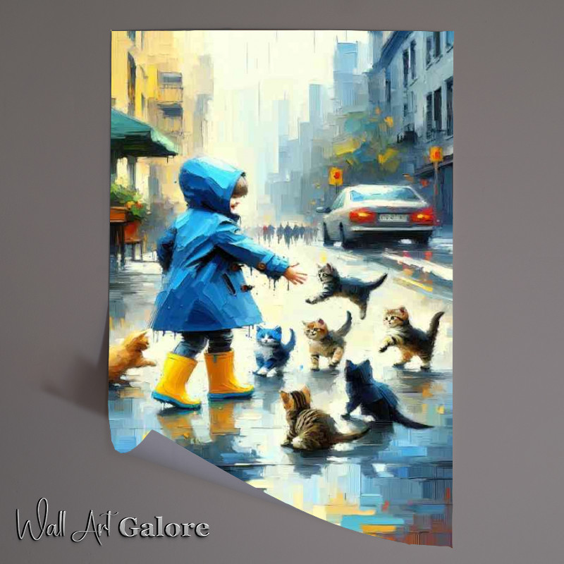 Buy Unframed Poster : (Child in a blue raincoat and bright yellow boots playful kittens)