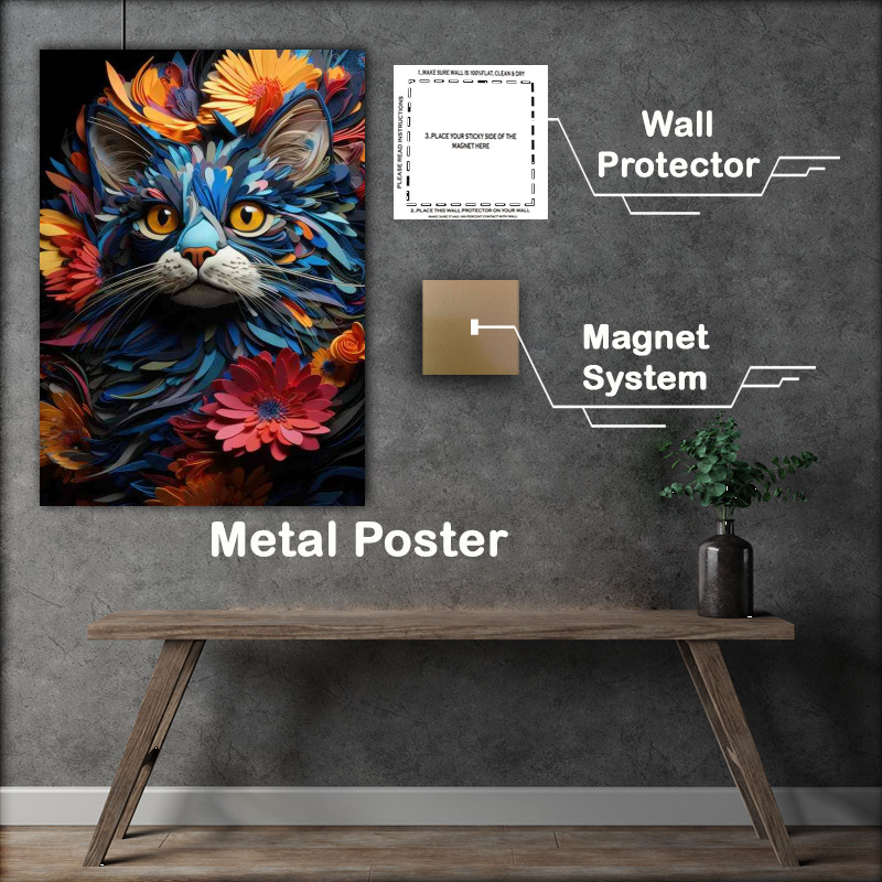 Buy Metal Poster : (Colourful Cat surrounded by flowers)