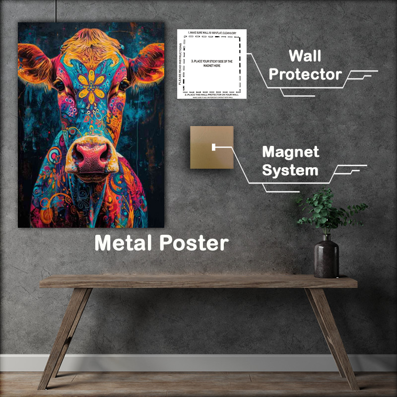 Buy Metal Poster : (Cow with colorful art on his face)