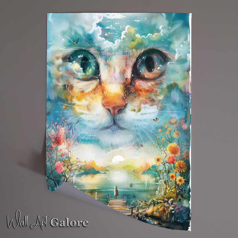 Buy Unframed Poster : (Cute Cat face in the sky by the lake)