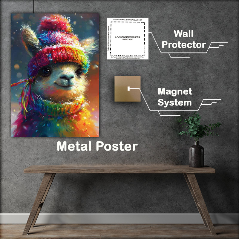 Buy Metal Poster : (Cute llama in a rainbow hat and jumper)