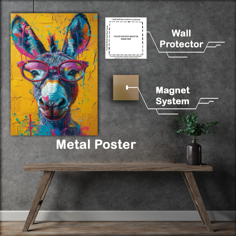 Buy Metal Poster : (Donkey wearing glasses with a yellow background)