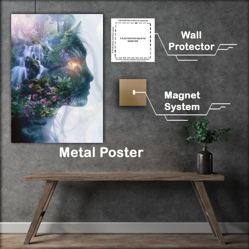 Buy Metal Poster : (Double exposure cat lady face waterfall)
