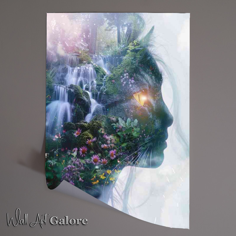 Buy Unframed Poster : (Double exposure cat lady face waterfall)