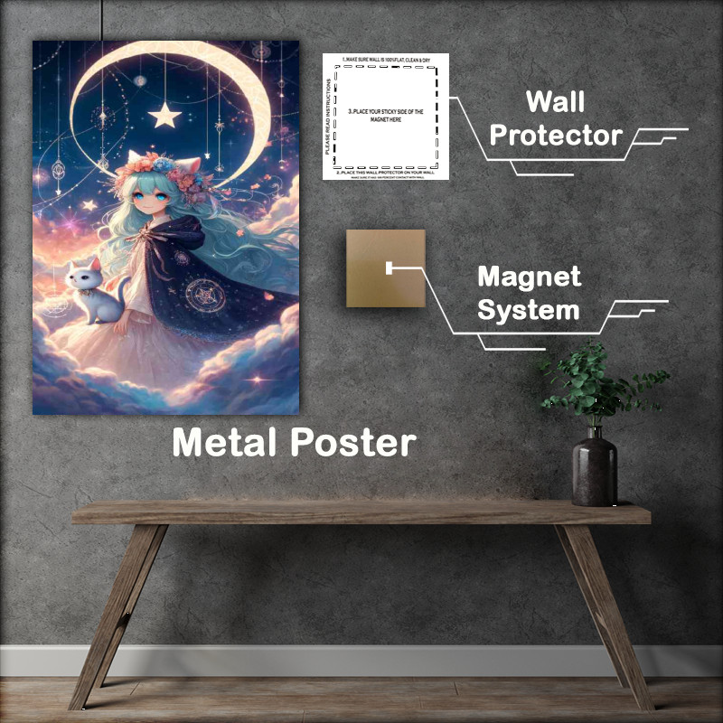 Buy Metal Poster : (Dreamy scene featuring a whimsical character with a cat)