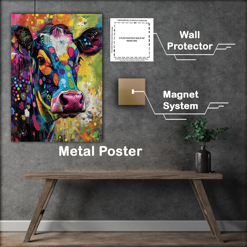 Buy Metal Poster : (Funny bight cow painted in colours)