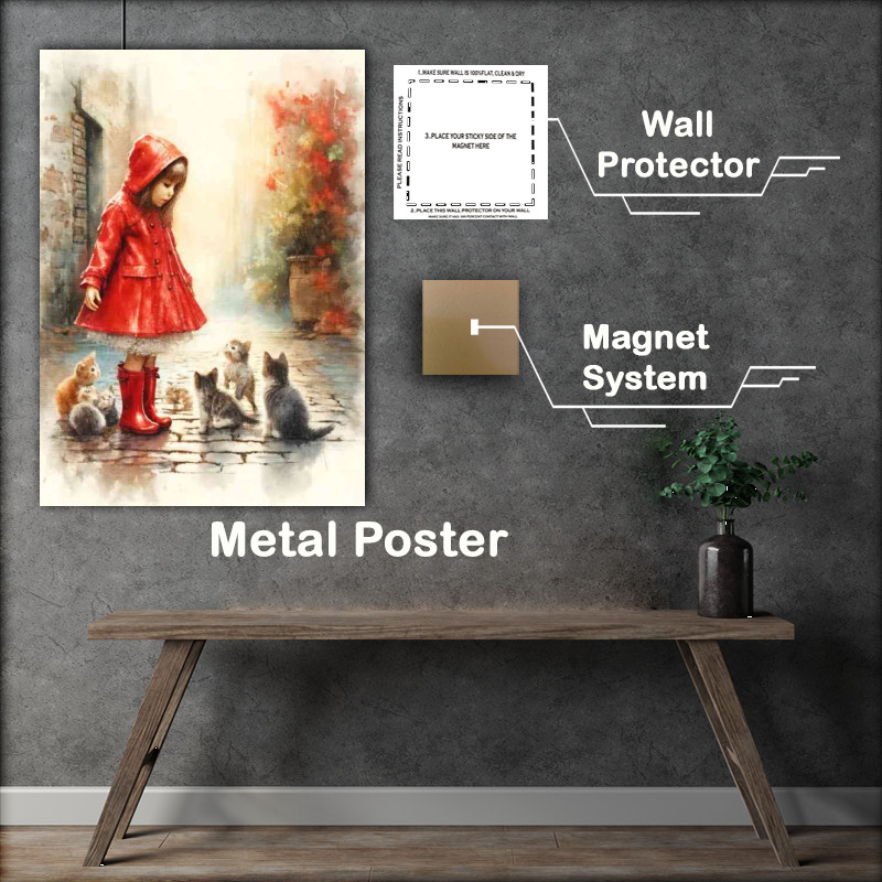 Buy Metal Poster : (Girl in a red raincoat and boots surrounded by kittens)