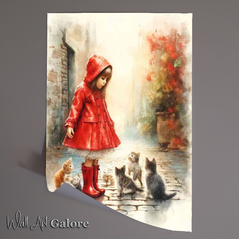 Buy Unframed Poster : (Girl in a red raincoat and boots surrounded by kittens)