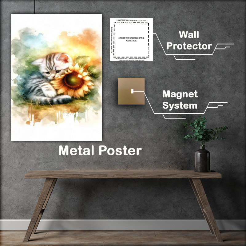 Buy Metal Poster : (Kitten snuggling a sunflower)