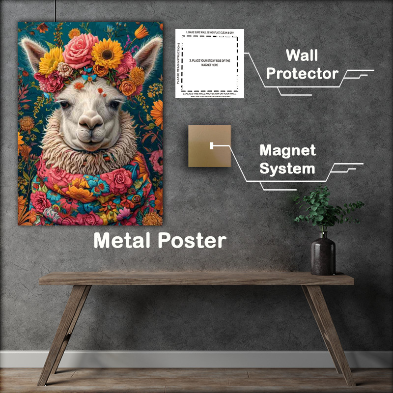 Buy Metal Poster : (LLama wearing a scarf and flowers)