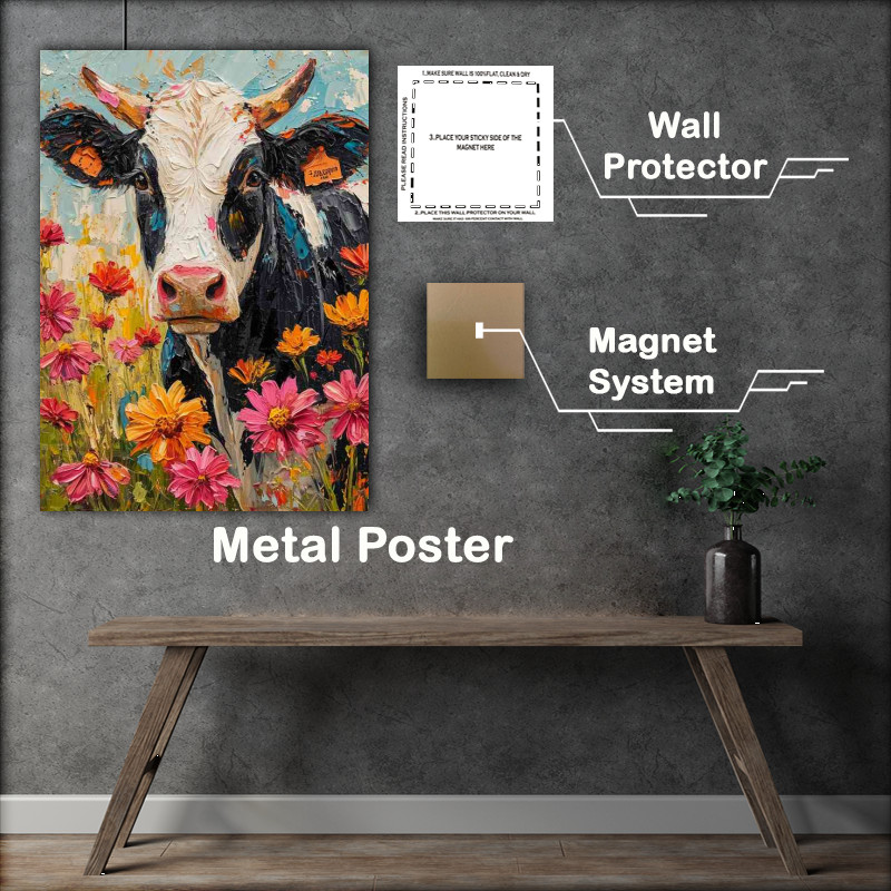 Buy Metal Poster : (Lilah the cow surrounded by the flower field)