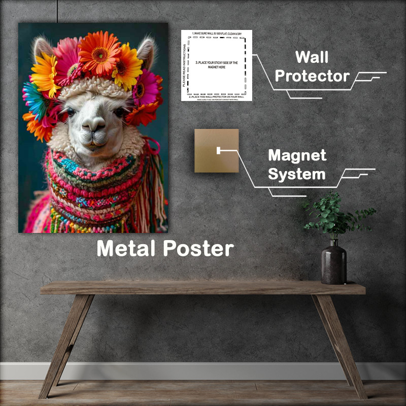 Buy Metal Poster : (Llama colorful wears flowers on its head)