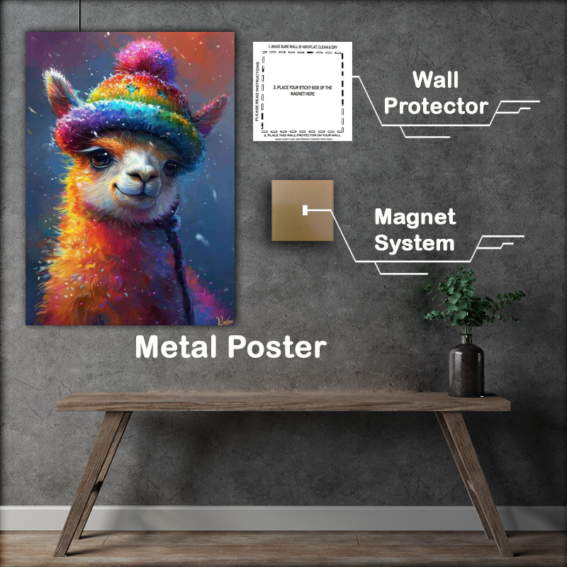 Buy Metal Poster : (Llama with a cute coloured bobble hat on)