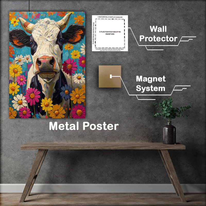 Buy Metal Poster : (Painted cow and colourful flowers)