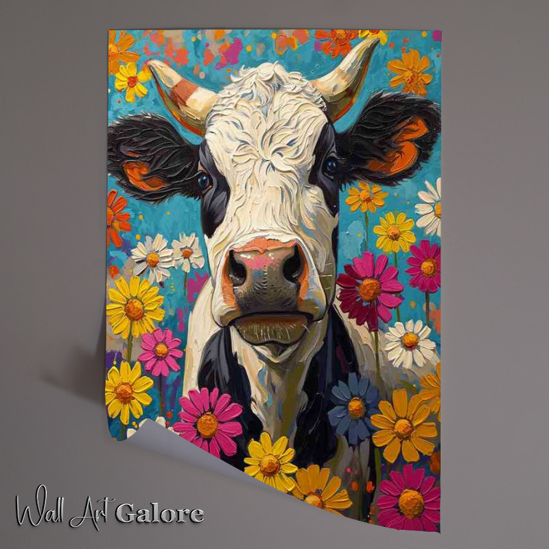 Buy Unframed Poster : (Painted cow and colourful flowers)