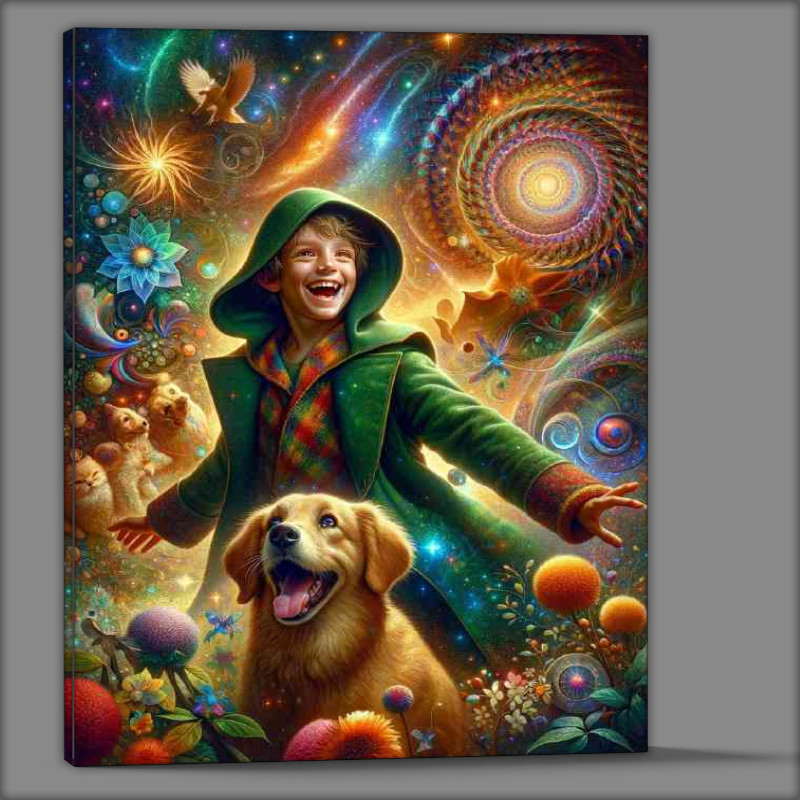 Buy Canvas : (Playful dog with bright eyes and joyful boy)