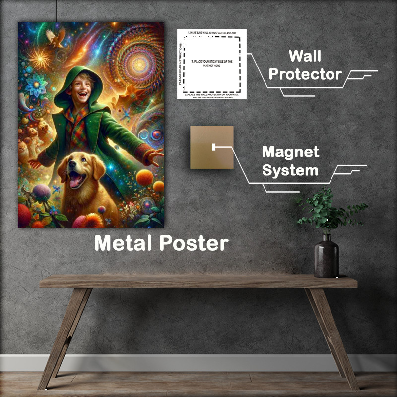Buy Metal Poster : (Playful dog with bright eyes and joyful boy)