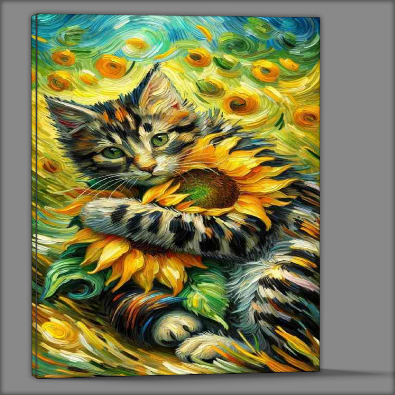 Buy Canvas : (Tabby kitten embracing a large sunflower)