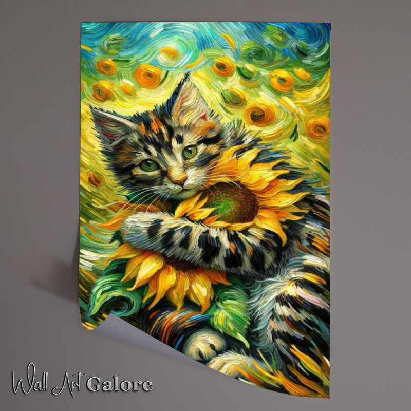 Buy Unframed Poster : (Tabby kitten embracing a large sunflower)