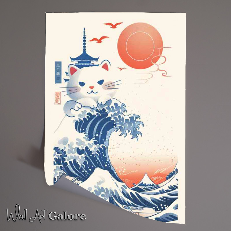 Buy Unframed Poster : (The Cat and the waves japanese style)
