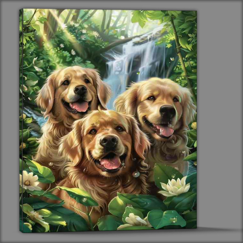 Buy Canvas : (Three Golden retrivers in the waterfall forest)